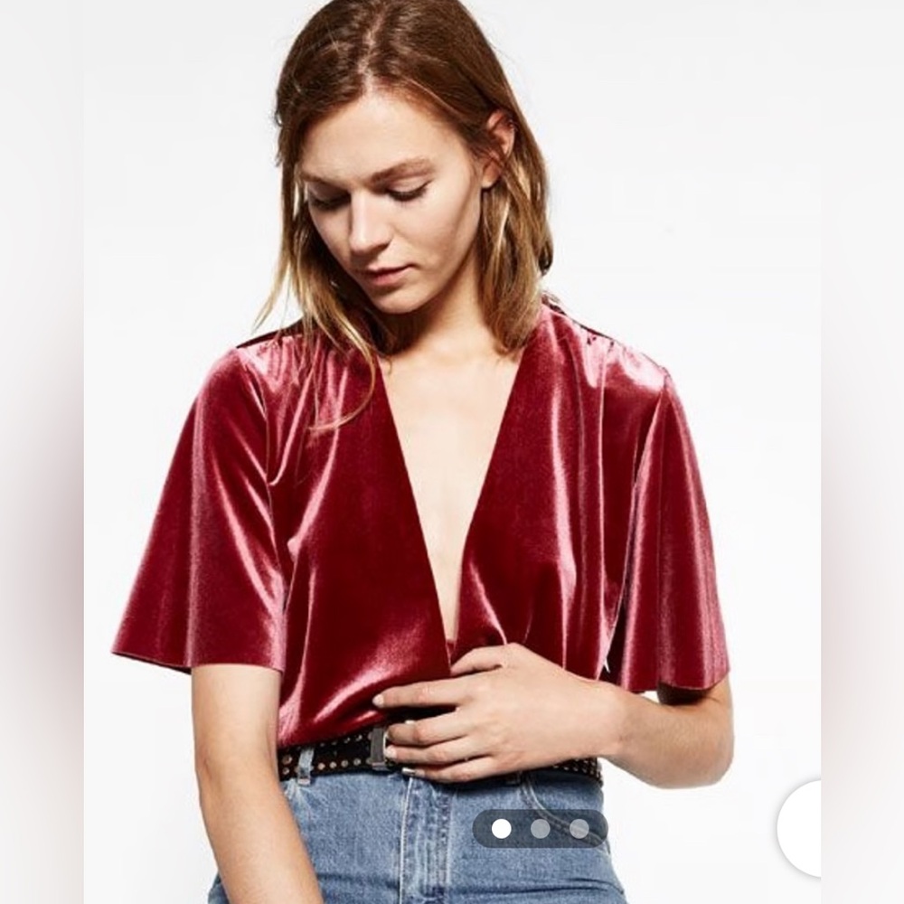 Zara Raspberry Deep V Velvet Bodysuit